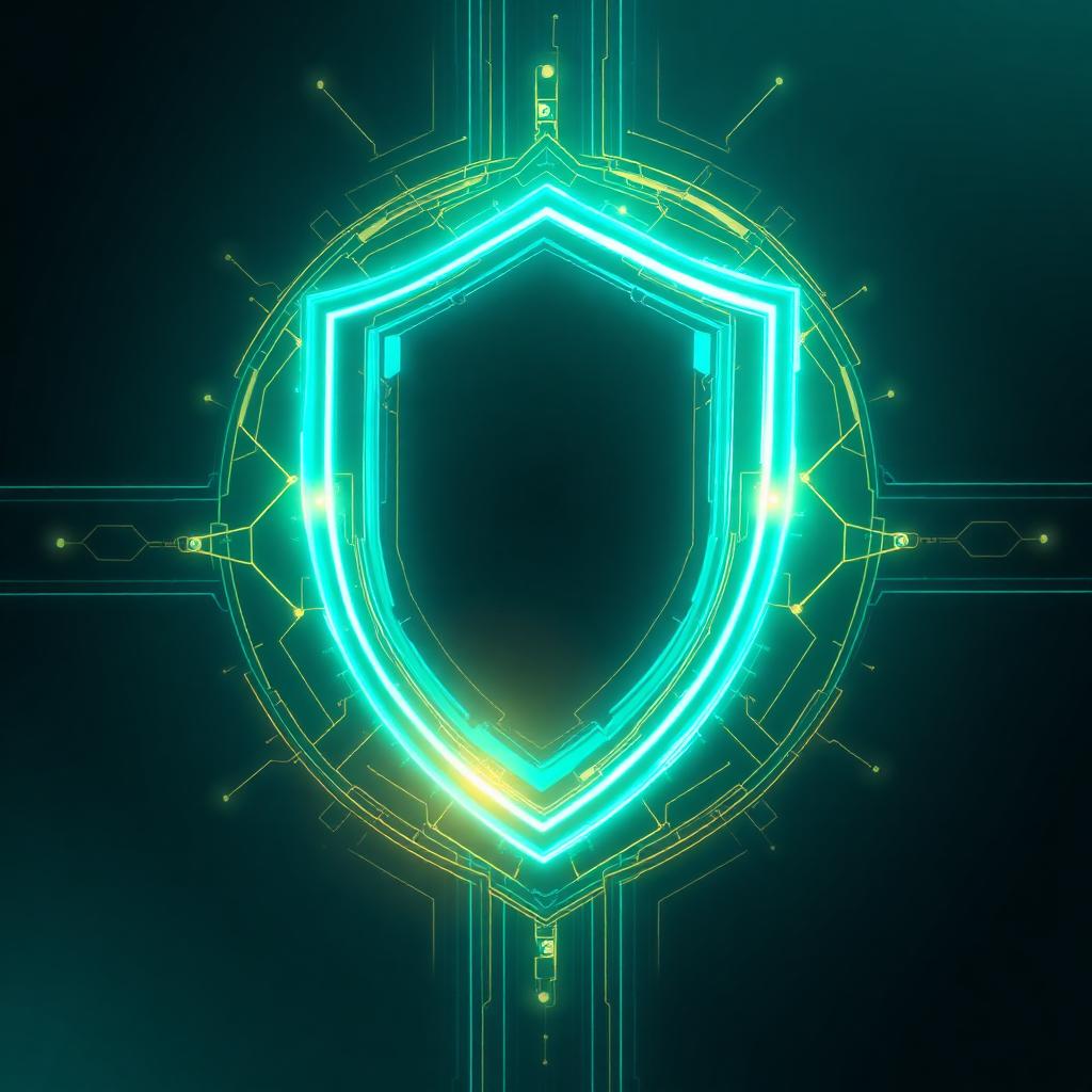 Shield Protocol — scudo digitale con circuiti dorati e cyan